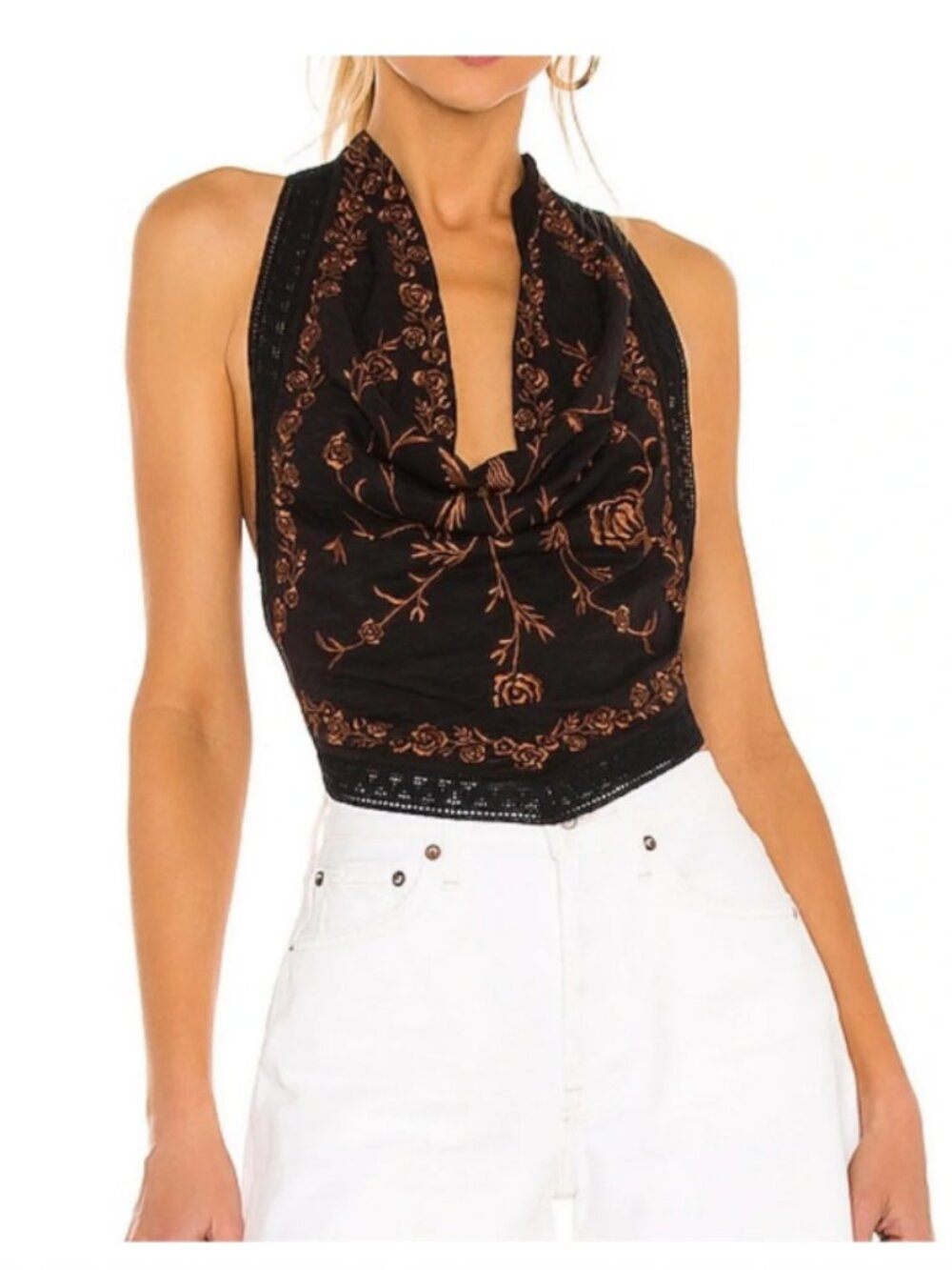 Free People How’s it Going Embroidered Halter Top-Black Small